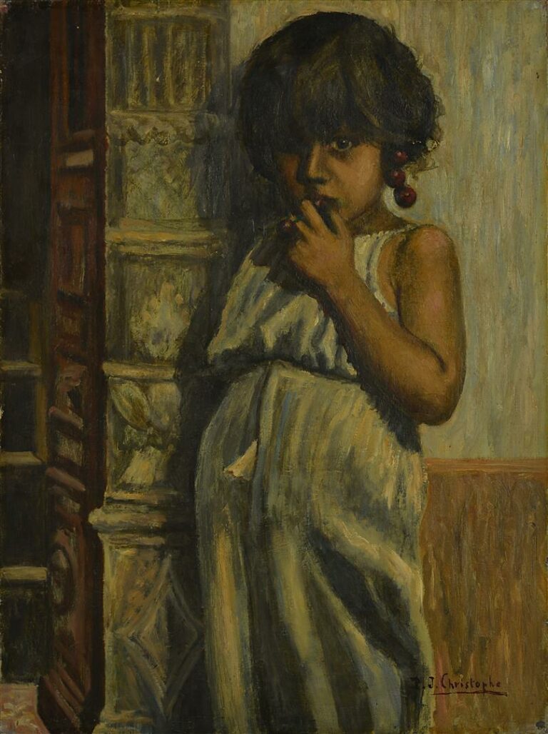 Ecole orientaliste, P.J. Christophe (XXème siècle). - Jeune fille aux cerises -…