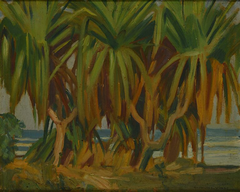 Raymond VIRAC (1892-1946). - Palmiers à Madagascar, 1946 - Huile sur panneau, s…
