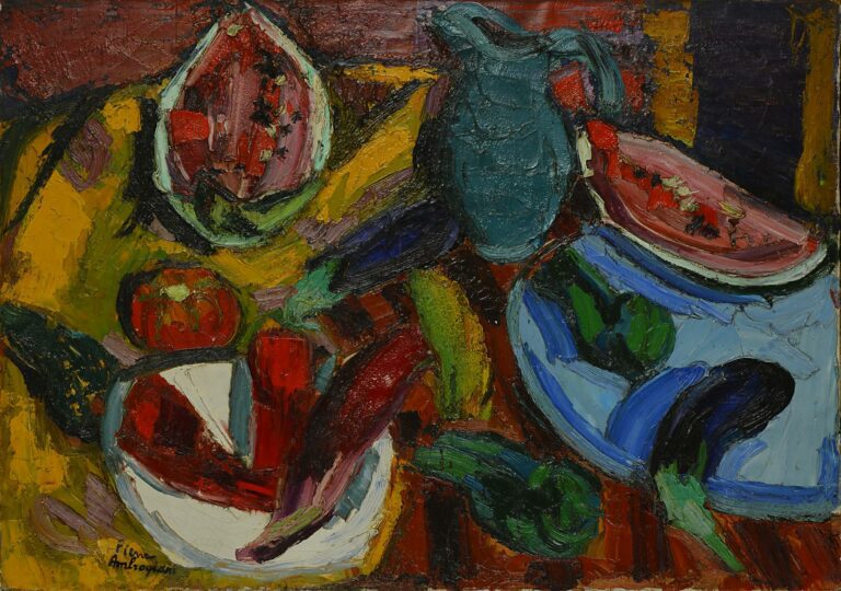 Pierre AMBROGIANI (1907-1985). - Poivrons et pastèques - Huile sur toile, signé…