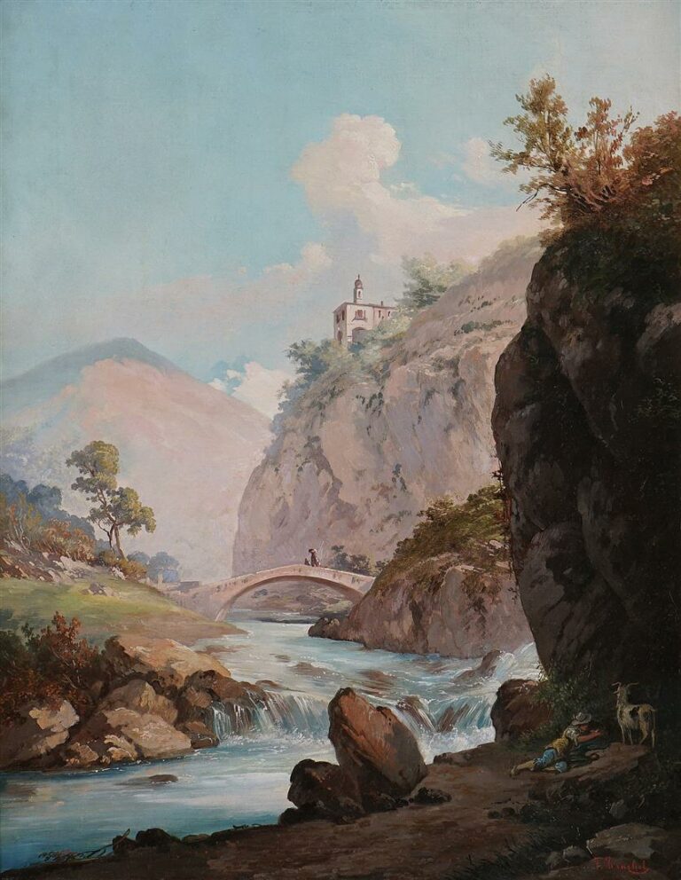Ercole TRACHEL (1820-1872). - Vue animée de l'Orrido de Bellano (lac de Côme) a…