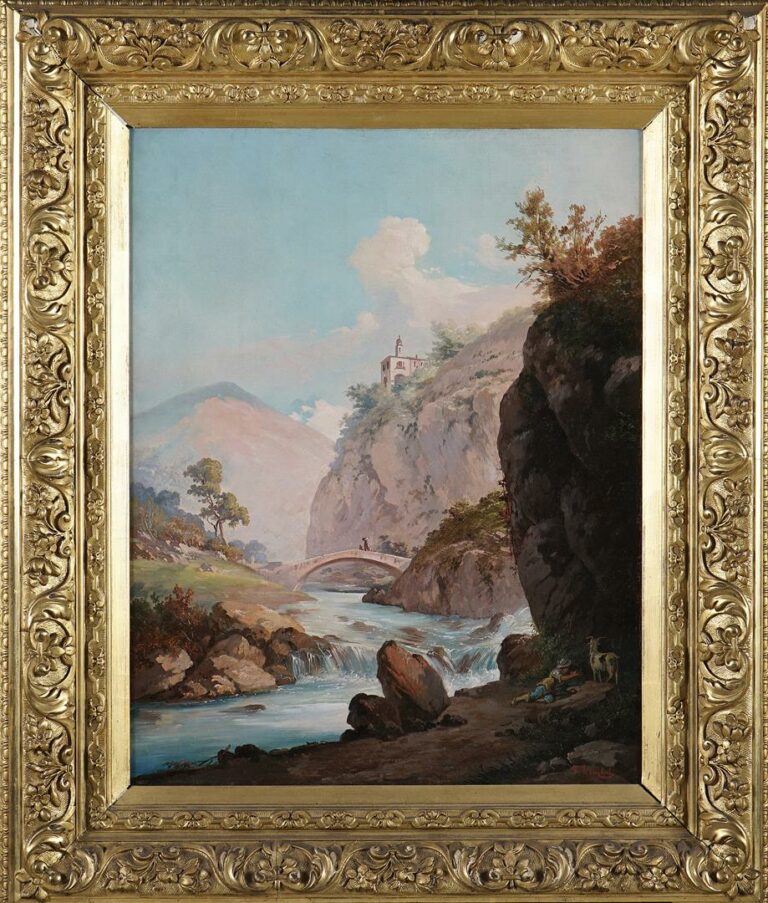Ercole TRACHEL (1820-1872). - Vue animée de l'Orrido de Bellano (lac de Côme) a…
