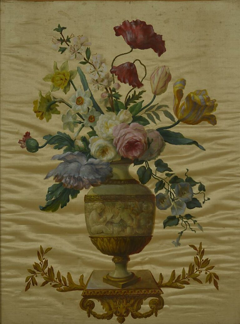 Ecole de la première moitié du XIXème siècle. - Vase de fleurs - Huile sur soie…