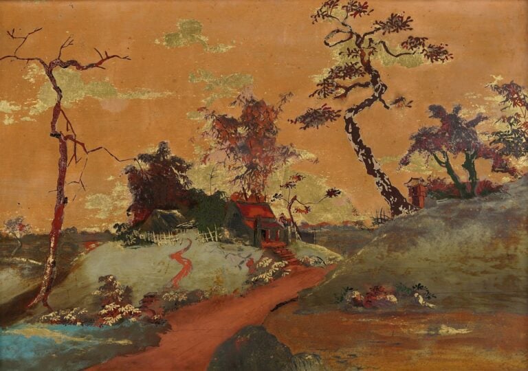 PANNEAU DE BOIS LAQUE AU PAYSAGE ARBORE - Vietnam / Indochine, Epoque XXe siècl…