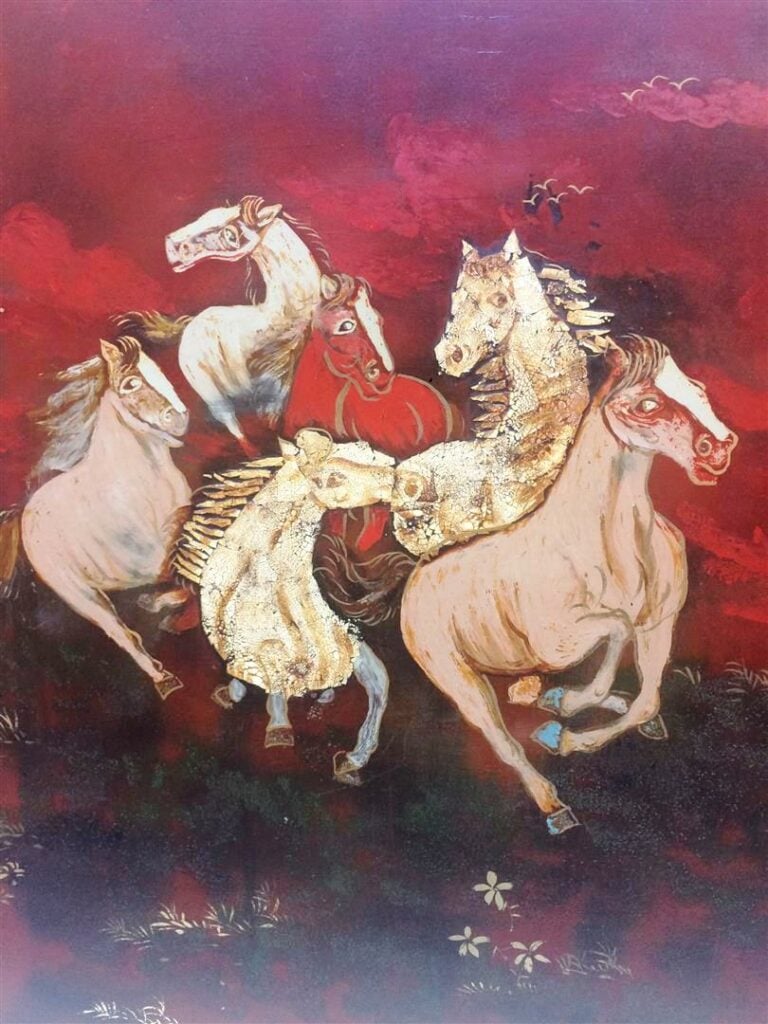 PANNEAU DE BOIS LAQUE DONNANT A VOIR LES HUIT CHEVAUX DU BONHEUR / DU ROI MU -…