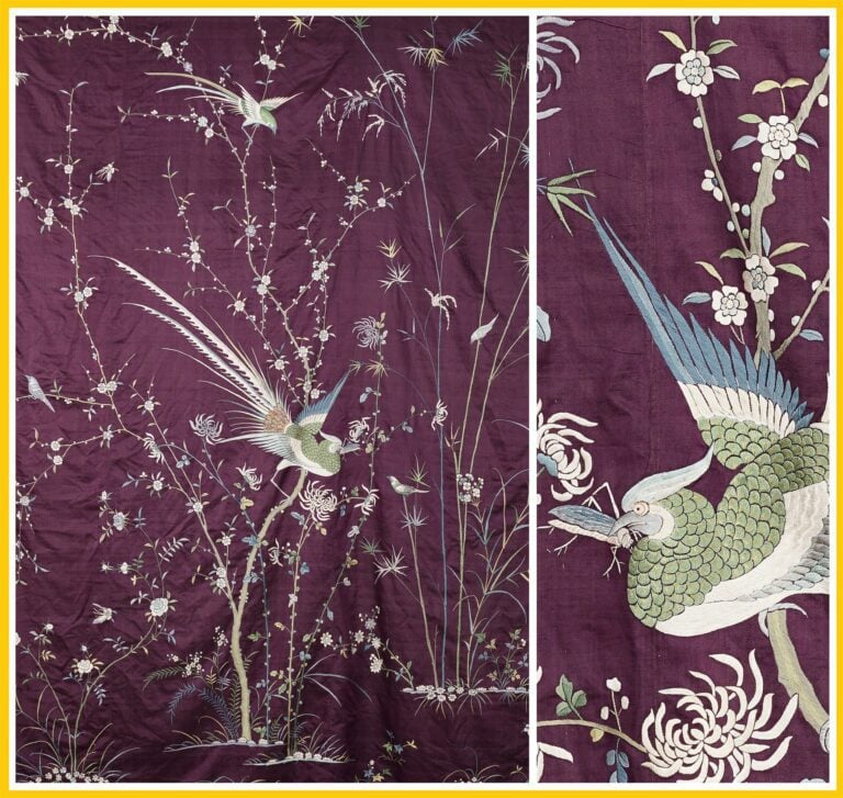 PANNEAU QUADRANGULAIRE DE SOIE BRODEE VIOLETTE - Vietnam / Indochine, Epoque pr…