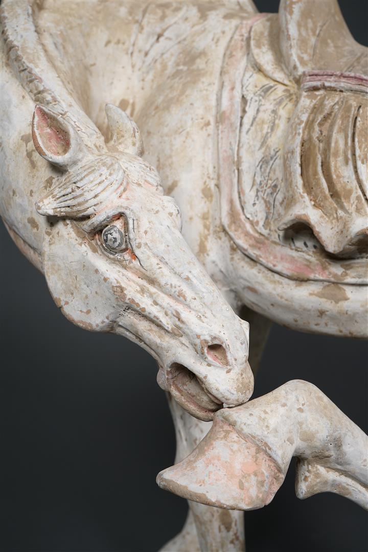 GRANDE SCULPTURE / MINGQI EN TERRE-CUITE A L'EFFIGIE D'UN CHEVAL SE LECHANT LA…