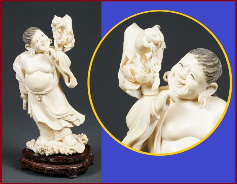 [X] CHARMANT SUJET EN IVOIRE SCULPTE A L'EFFIGIE DE LIU HAI ET DU CRAPAUD A TRO…