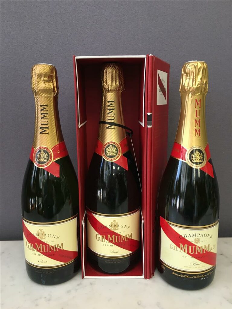 3 bouteilles, MUMM, Champagne brut, dont deux dans leurs boites (bouteilles en…