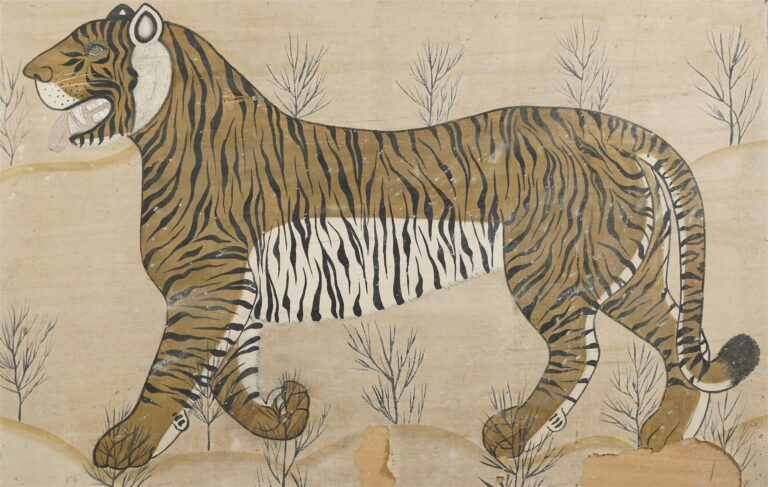 ECOLE INDIENNE (Actif XXe siècle) - Tigre passant - Gouache sur tissu - Oeuvre…