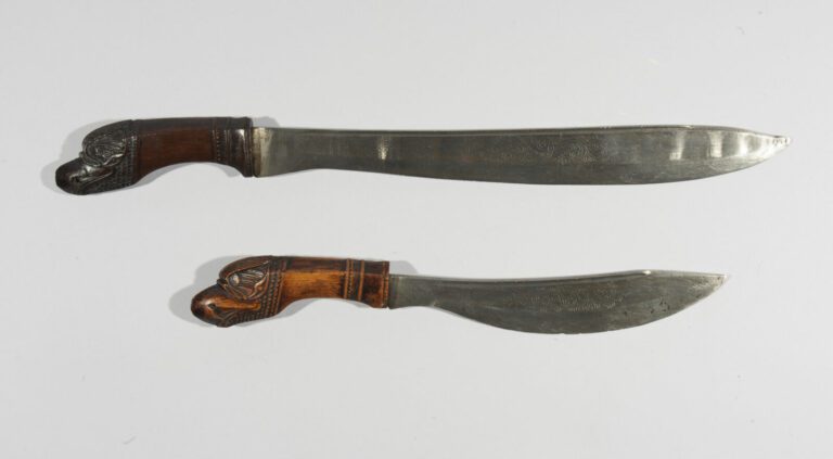 Deux armes à poignées zoomorphes - Bois sculpté et acier gravé de motifs végéta…