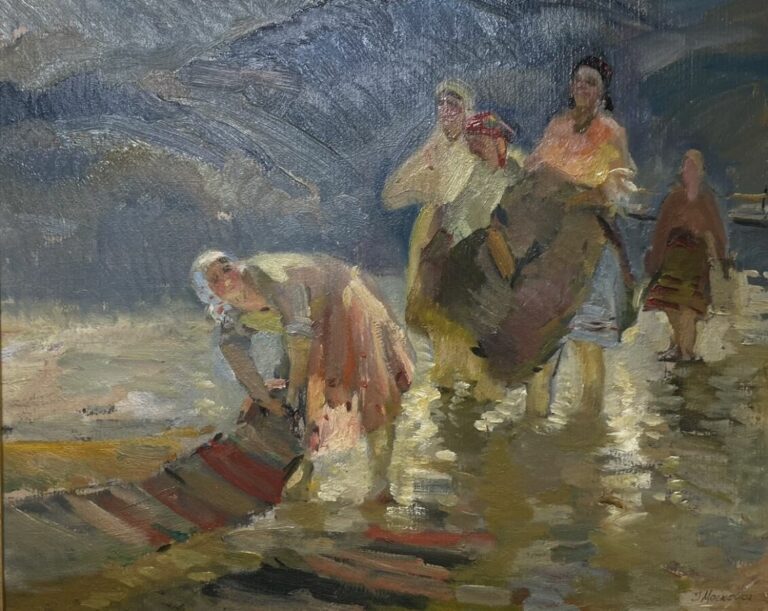 MOSKOVIA - Femmes lavant le linge - Huile sur toile signée en bas à droite.