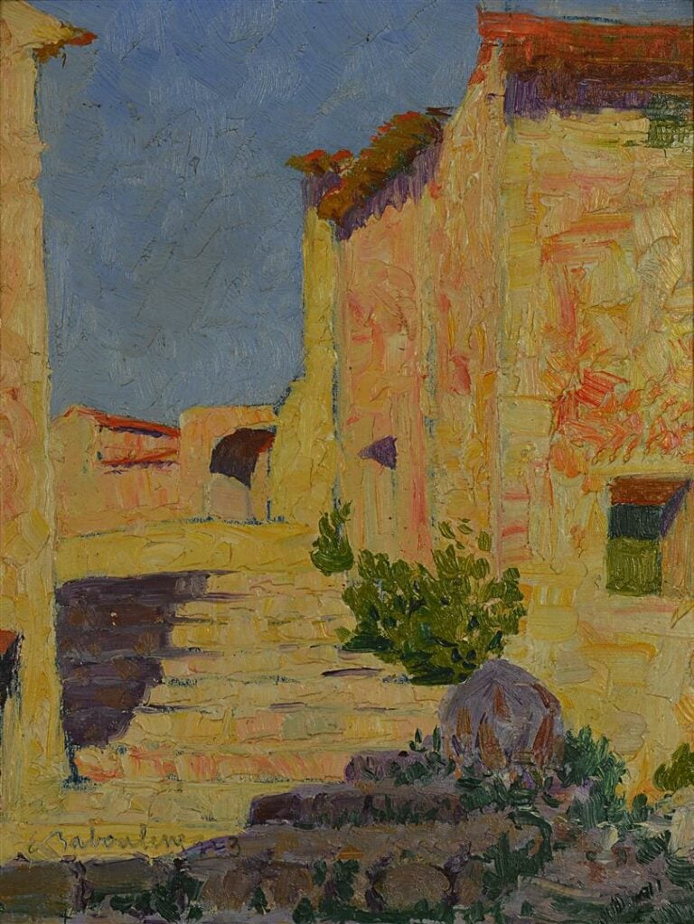 Eugène BABOULENE (1905-1994). - Les escaliers du village - Huile sur carton, si…