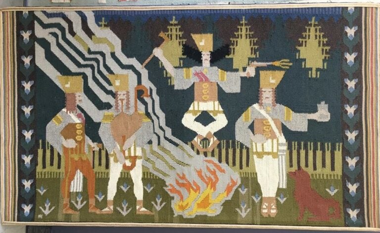 Ensemble de tapisserie au gros point dans le goût précolombien, une représentan…