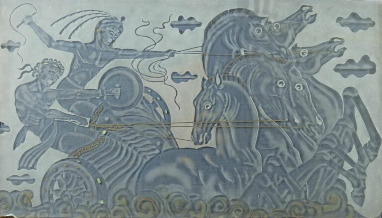 "Course de chars ". Grande PLAQUE DE VERRE sablé - 63 x 111 cm
