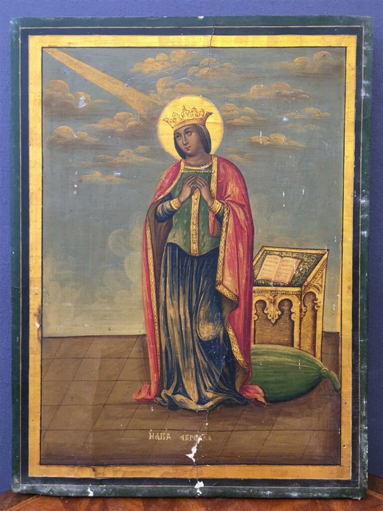Icône sur bois, Sainte en prière. - Russie, XIXème siècle. - 39 x 30 cm.