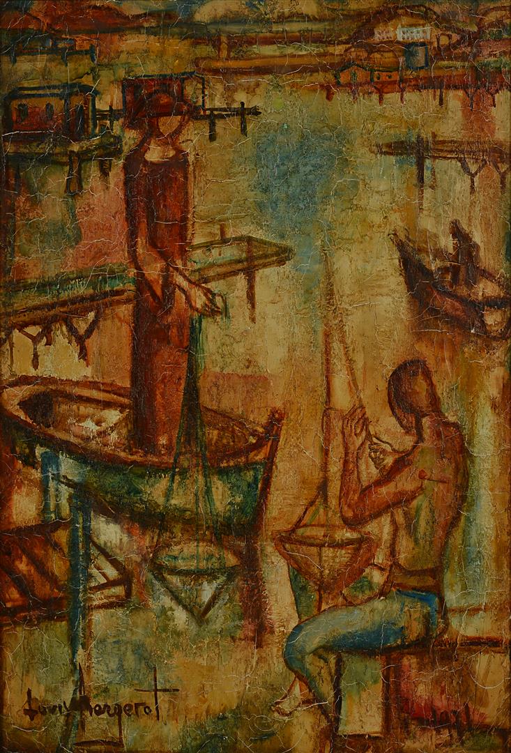 Louis BERGEROT (XXème siècle). - Pêcheurs de crevettes à Tamaris - Huile sur to…