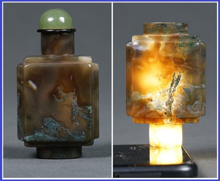 FLACON TABATIERE A PANSE QUANDRANGULAIRE EN AGATE - Chine, Epoque XXe siècle -…