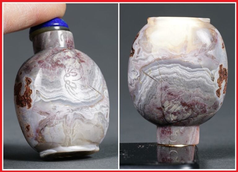 FLACON TABATIERE OVOIDE EN AGATE MACARONI - Chine, Epoque XXe siècle - A pied a…