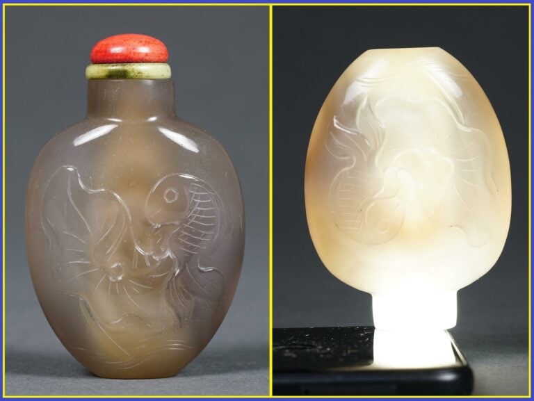 FLACON TABATIERE A EPAULES TOMBANTES EN AGATE AUX CARPES ET NENUFARS - Chine, E…