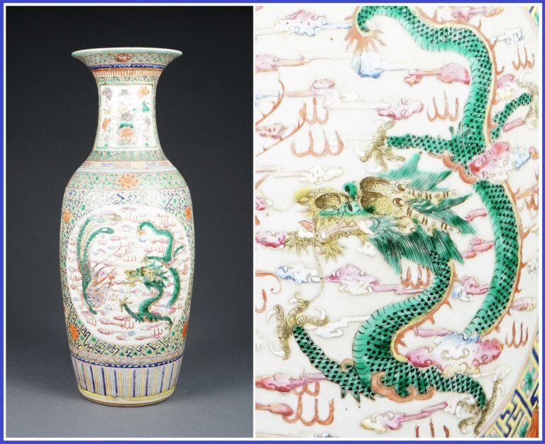 GRAND VASE DE FORME QUEUE DE PHENIX A DECOR EMAILLE POLYCHROME - DANS LE STYLE…