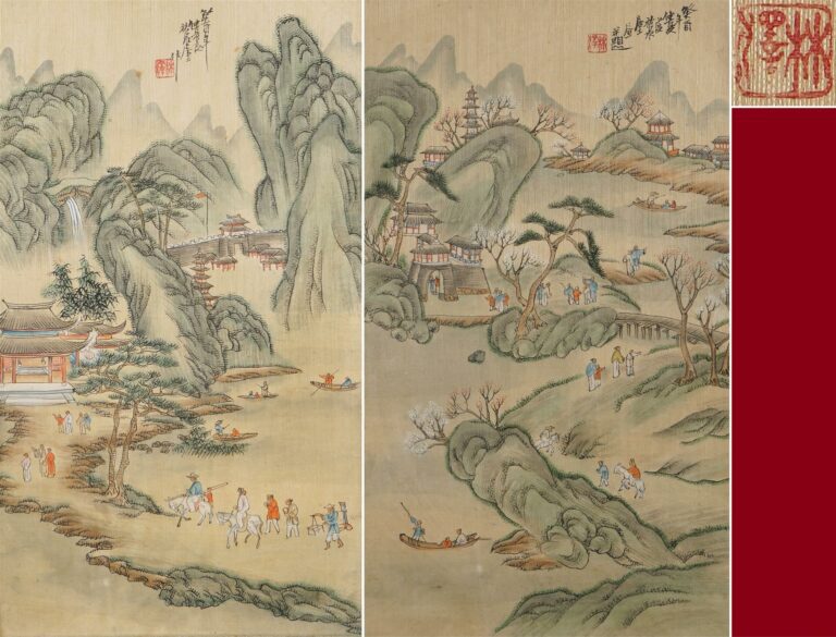 SUITE DE DEUX (2) ENCRES ET COULEURS SUR SOIE - Chine ou Vietnam, Vers 1900 - T…