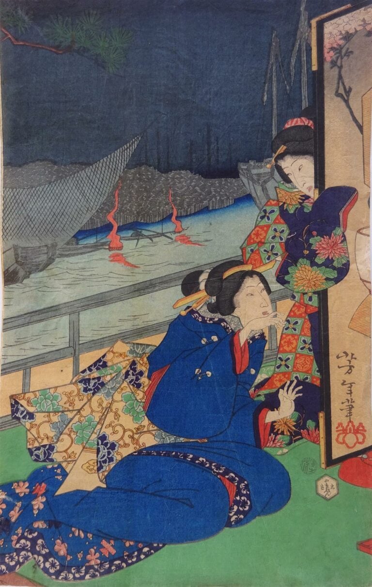 UKIYO-E / Japon - D'après YOSHITOSHI - Pêche nocturne au cormoran - Tryptique d…