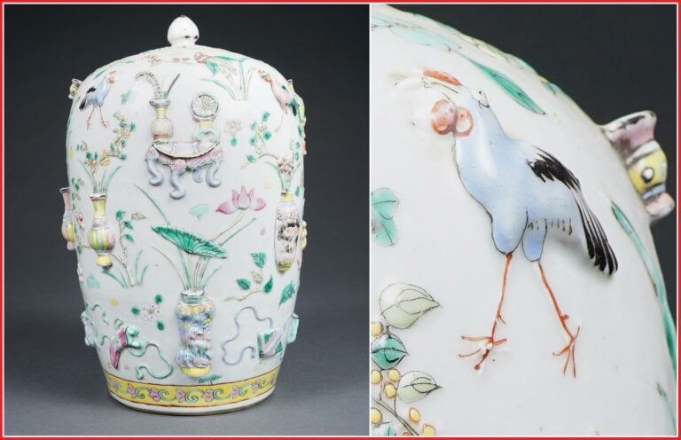 JARRE A GINGEMBRE OVOIDE ET COUVERTE EN PORCELAINE A DECOR EMAILLE POLYCHROME D…