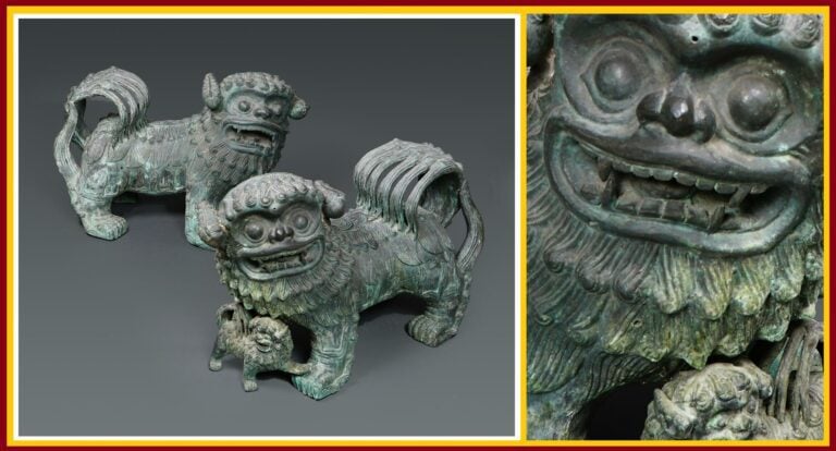 PAIRE DE BETES MYTHIQUES EN FONTE DE VERRE A PATINE VERT-DE-GRIS - Chine, Epoqu…