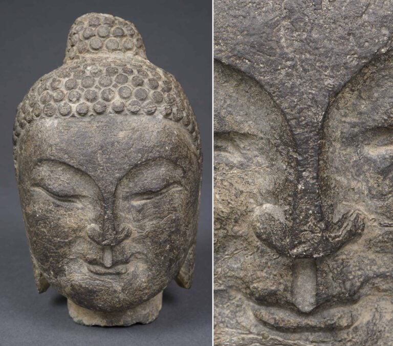 TETE DE BOUDDHA EN GRES SCULPTE - Chine, De style Ming, Epoque XXe siècle - La…