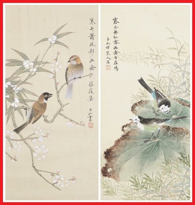 ECOLE CHINOISE (époque XXe siècle) - Mésanges et moineaux / Deux couples d'oise…