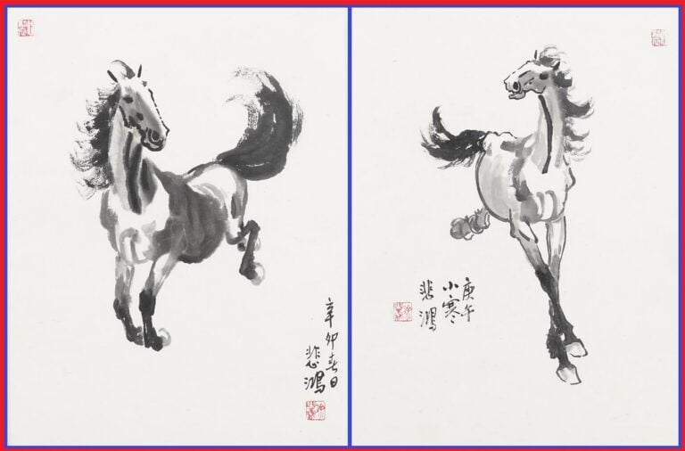 SUITE DE DEUX ENCRES SUR PAPIER DEPEIGNANT DES CHEVAUX DANS LE GOÛT DE XU BEIHO…
