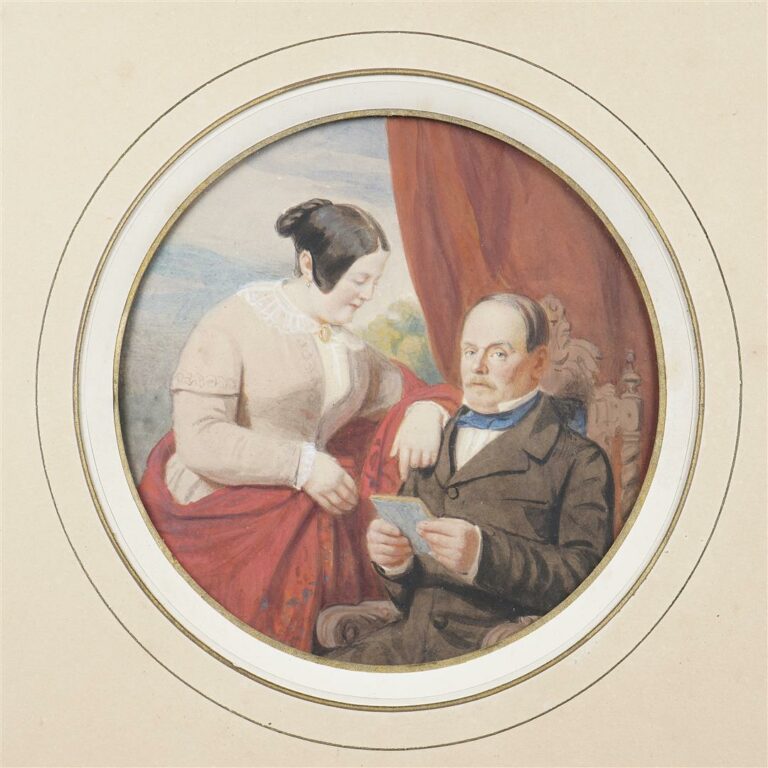 Ecole du XIXème siècle. - Portrait d'un couple lisant une lettre - Aquarelle su…