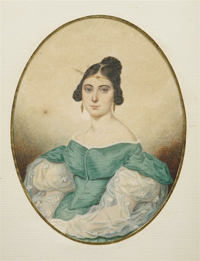 Ecole française du XIXème siècle. - Portrait de femme à la robe bleue - Aquarel…