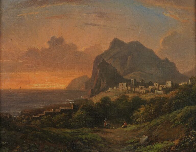 Ecole française vers 1820. - Vue d'Amalfi - Huile sur toile. - 19 x 24 cm.