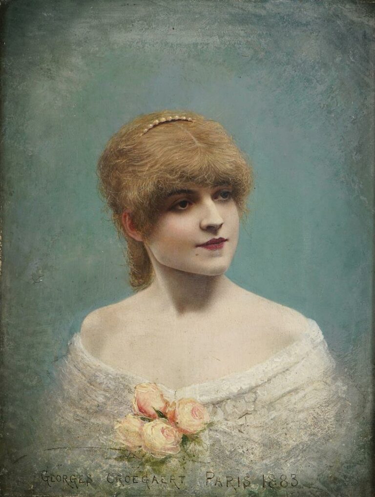 Georges CROEGAERT (1848-1923). - Jeune femme au décolleté aux roses, 1883 - Hui…