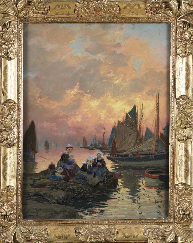 Mathurin JANSSAUD (1857-1940). - L'attente du retour de la pêche - Pastel sur p…