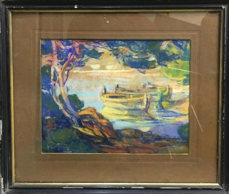 Louis FORTUNEY (1875-1951). - Barques en bord de rivière - Pastel sur papier, s…
