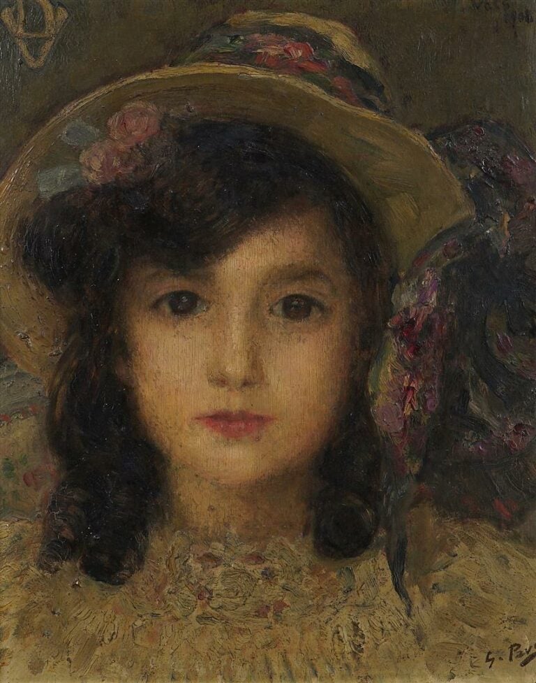 Georges PAVEC (mort en 1963). - Portrait de jeune fille au chapeau - Huile sur…