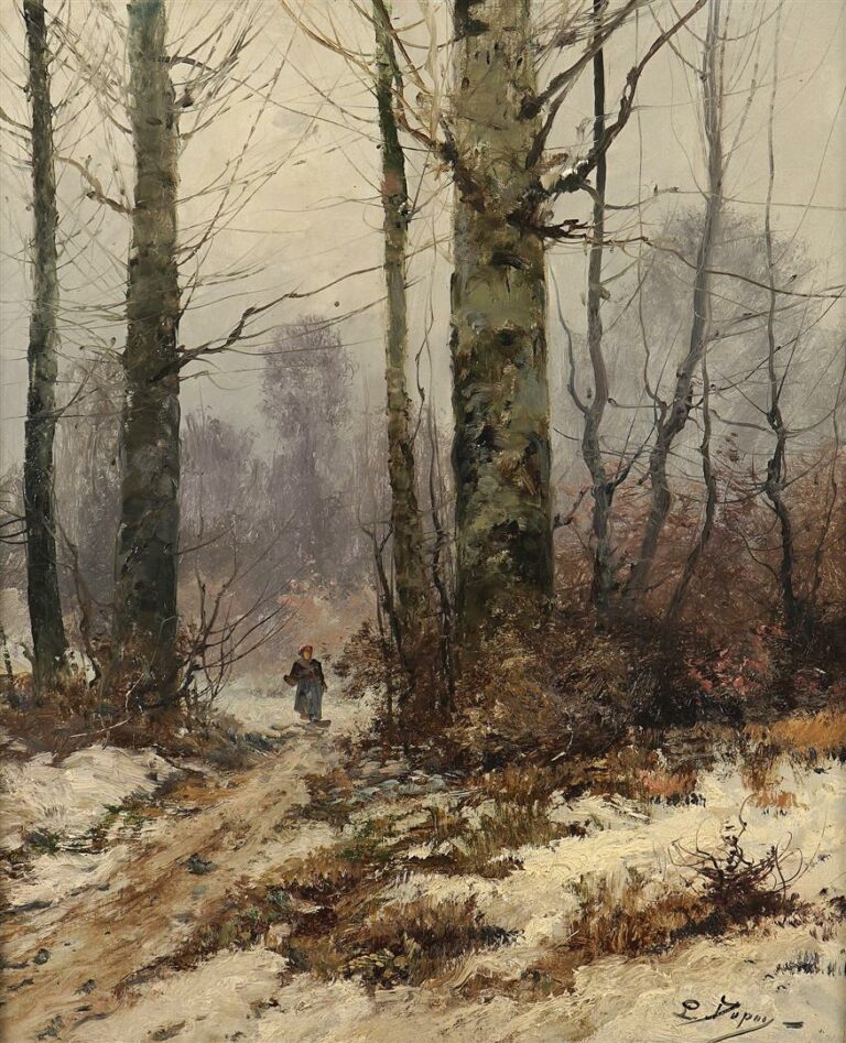 Eugène GALIEN-LALOUE (1854-1841). - Sous-bois animé en hiver - Huile sur toile,…