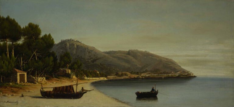 César MASCARELLI (1845-1904). - Plage d'Eze aux pêcheurs et bateaux - Huile sur…