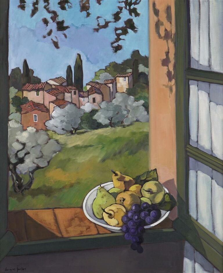 Lorraine JORDAN (né en 1941). - Coupe de fruits sur la fenêtre - Huile sur toil…