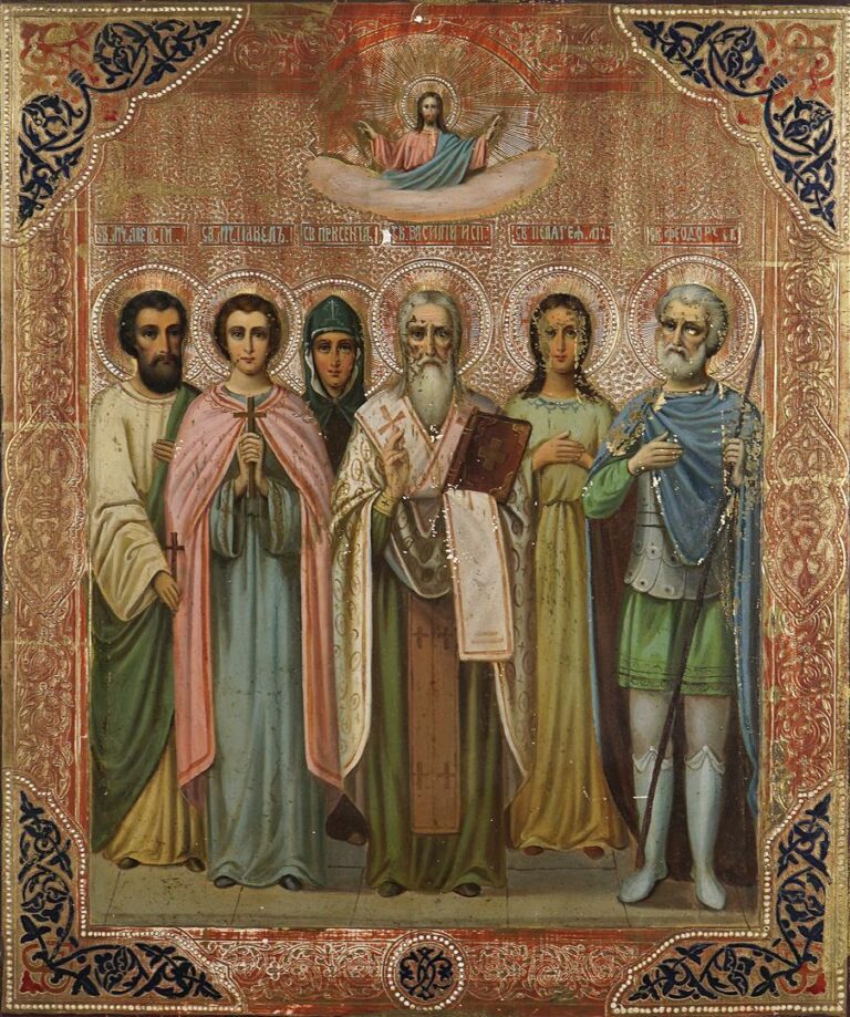 Icône représentant les saints Alekseï, Pavel, Ksenia, Basile, Pélagie et Feodor…