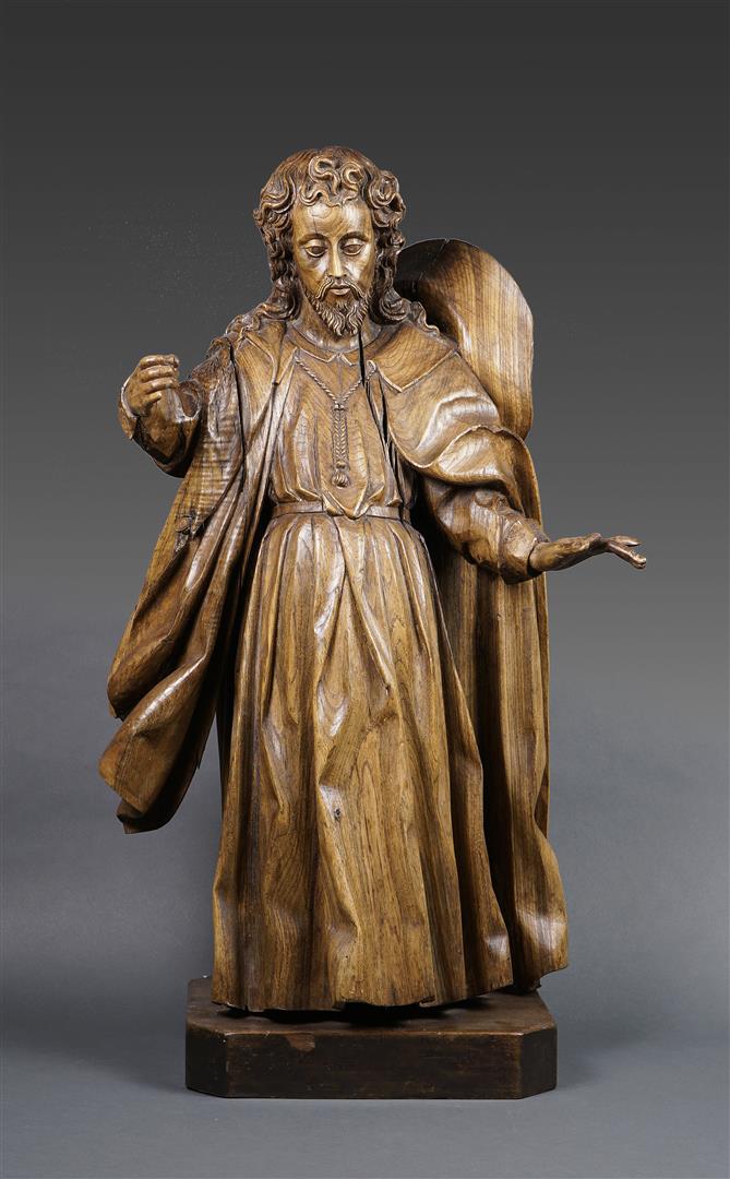 Statue en noyer sculpté représentant Saint Jacques de Compostelle en pied (manq…