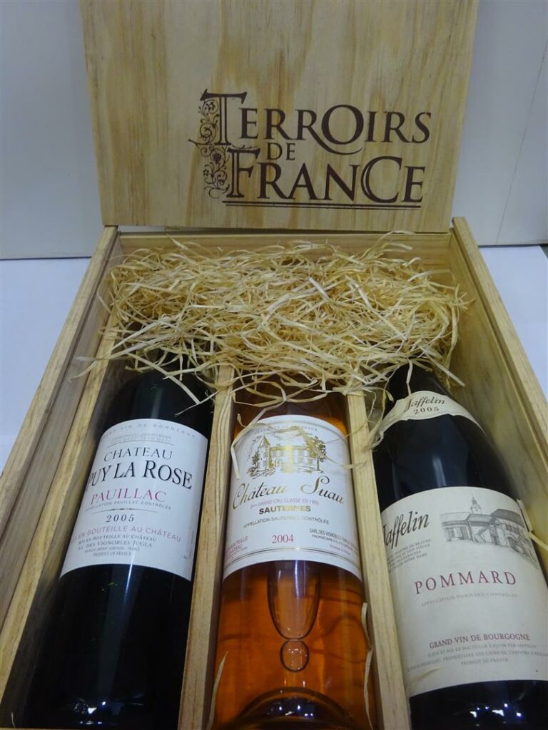 3 bouteilles, coffret terroirs de France: CHATEAU PUY LA ROSE, Pauillac, 2005 ;…