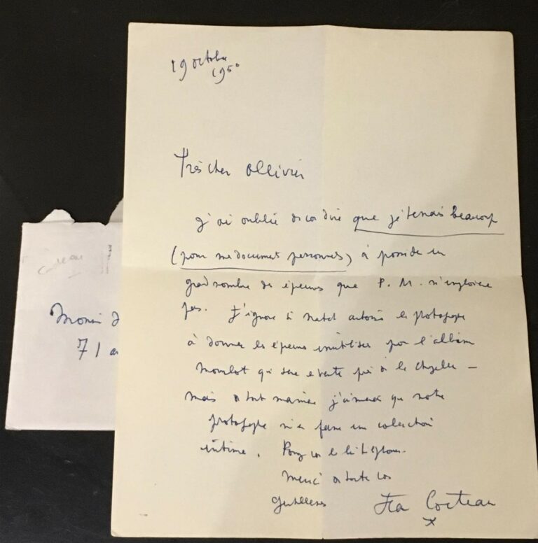 Jean COCTEAU, L.A.S. daté du 19 octobre 1950, adressée à Jean-Paul Ollivier, ré…