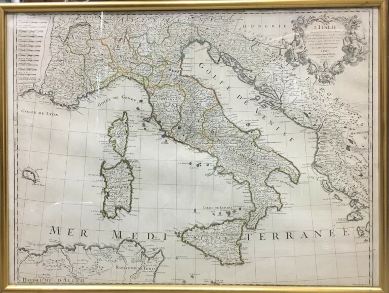 Carte géographique de l'Italie, gravée par Berey, vers 1700 (très légère trace…