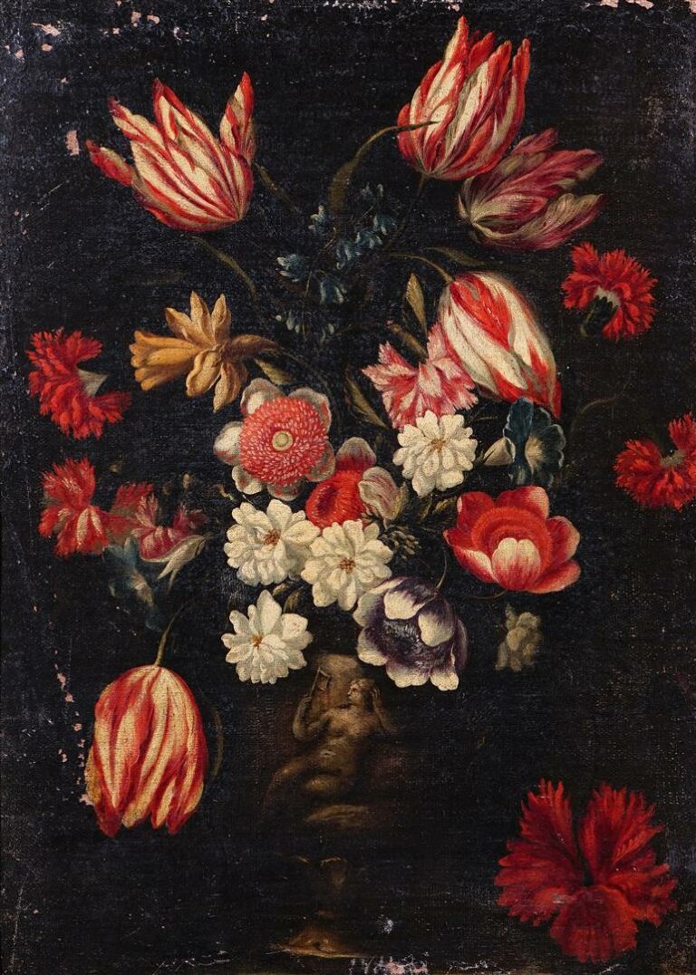 Ecole italienne du XVIIème siècle. - Natures mortes de fleurs - Paire d'huiles…