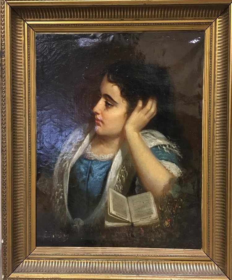 Ecole romantique du XIXème siècle. - Jeune femme à la lecture - Huile sur toile…
