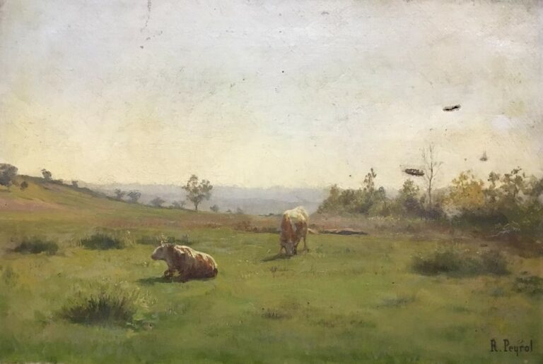 René PEYROL-BONHEUR (1860-1899). - Vaches dans un pré - Huile sur toile, signée…