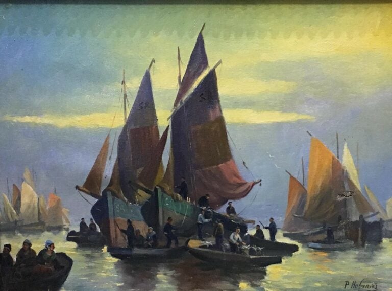 P. HOBANIES (XXème siècle). - Bateaux de pêche à Aromanche, Normandie - Huile s…